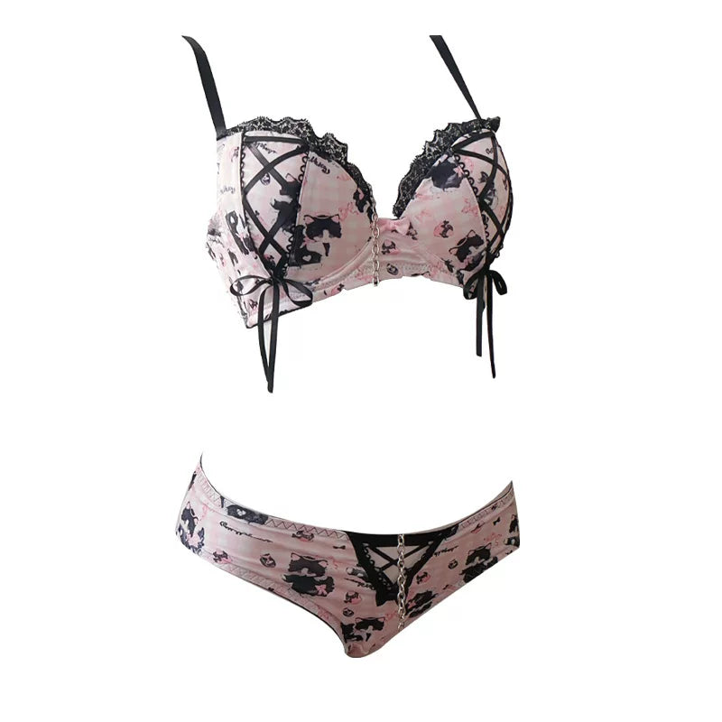 Adorable Cow Cat Sweet &amp; Sexy Cross-Tie Lace Cutout Underwire-Free Padded Uplift Bustier Bra