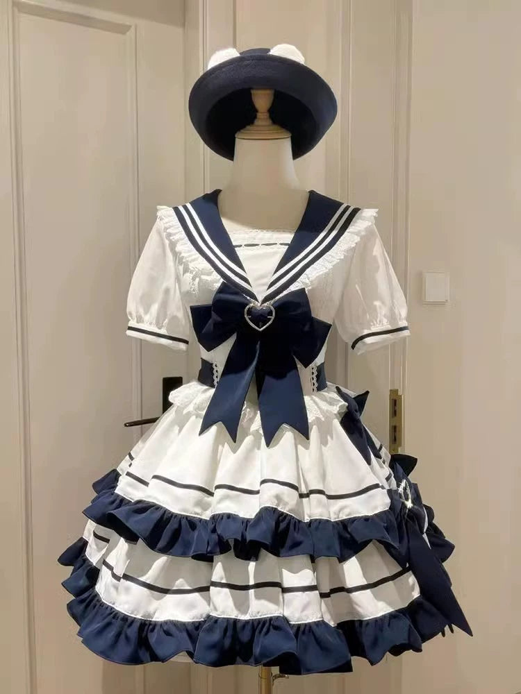 Seaside Cosplay Navy-Style Gingham Dusty Blue Youthful Energetic Girl JK Cake Tulle Puff Dress Lolita