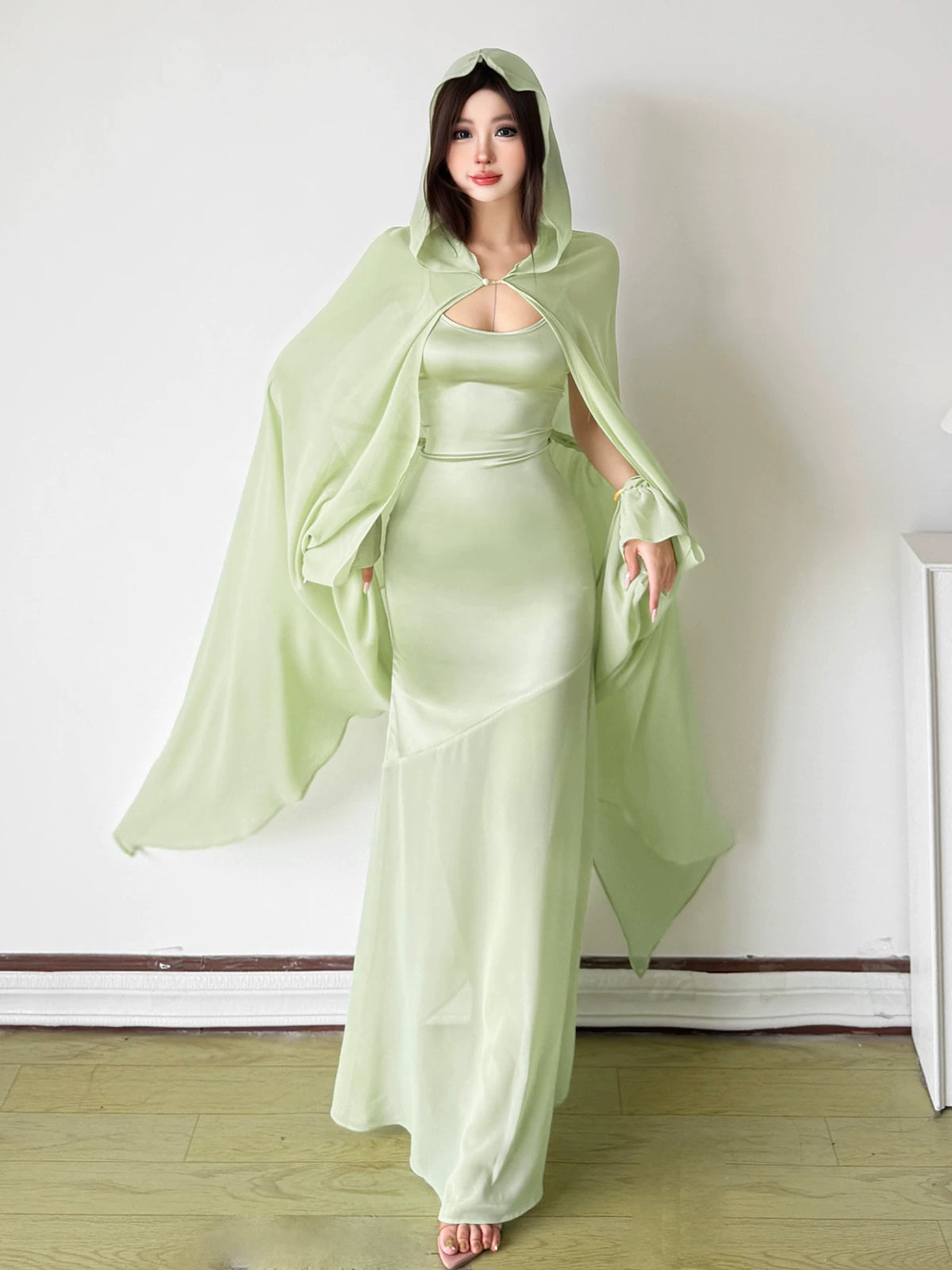 KLIOU Forest-Inspired Cool-Toned Soft-Mist Green Figure-Hugging Cami Dress with Hooded Shawl Set