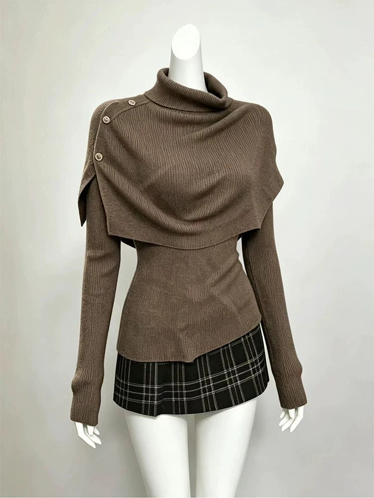 Maillard-Style Turtleneck Knit Top and Plaid Mini Skirt Two-Piece Set for Women, Flattering Slim Fit, Chic Korean-Inspired Autumn/Winter Outfit