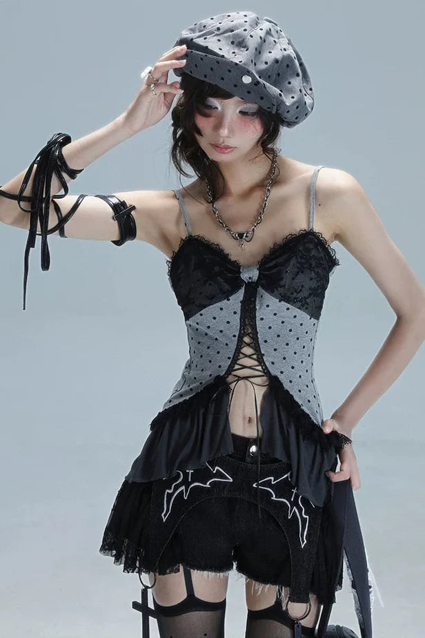 Dark Lace Splicing Denim Pants