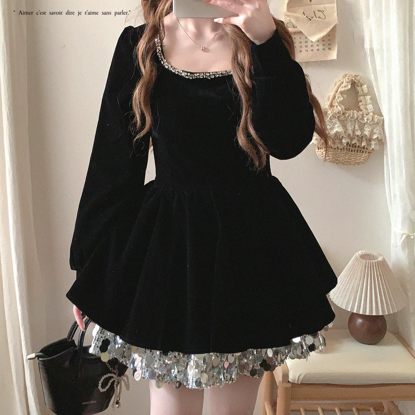 Final Stock SBSS “Old-Money” Vintage Square-Neck Glitter Sequin Tiered Skirt Gown with Hot-Fix Rhinestones Elegant Velvet Dress