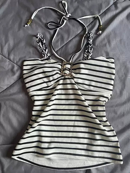 Black and white striped twist camisole