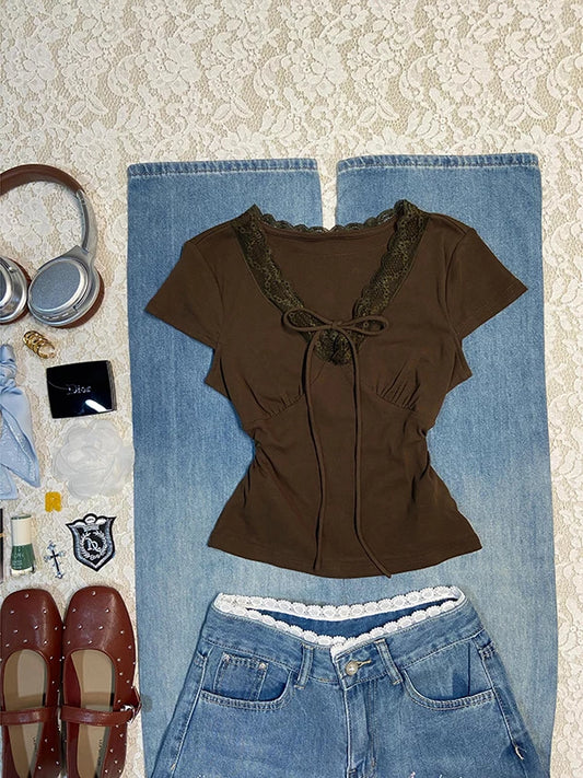Coffee Lace-Trim V-Neck Short-Sleeve T-Shirt for Women Summer New Vintage Look Waist-Tightening Top