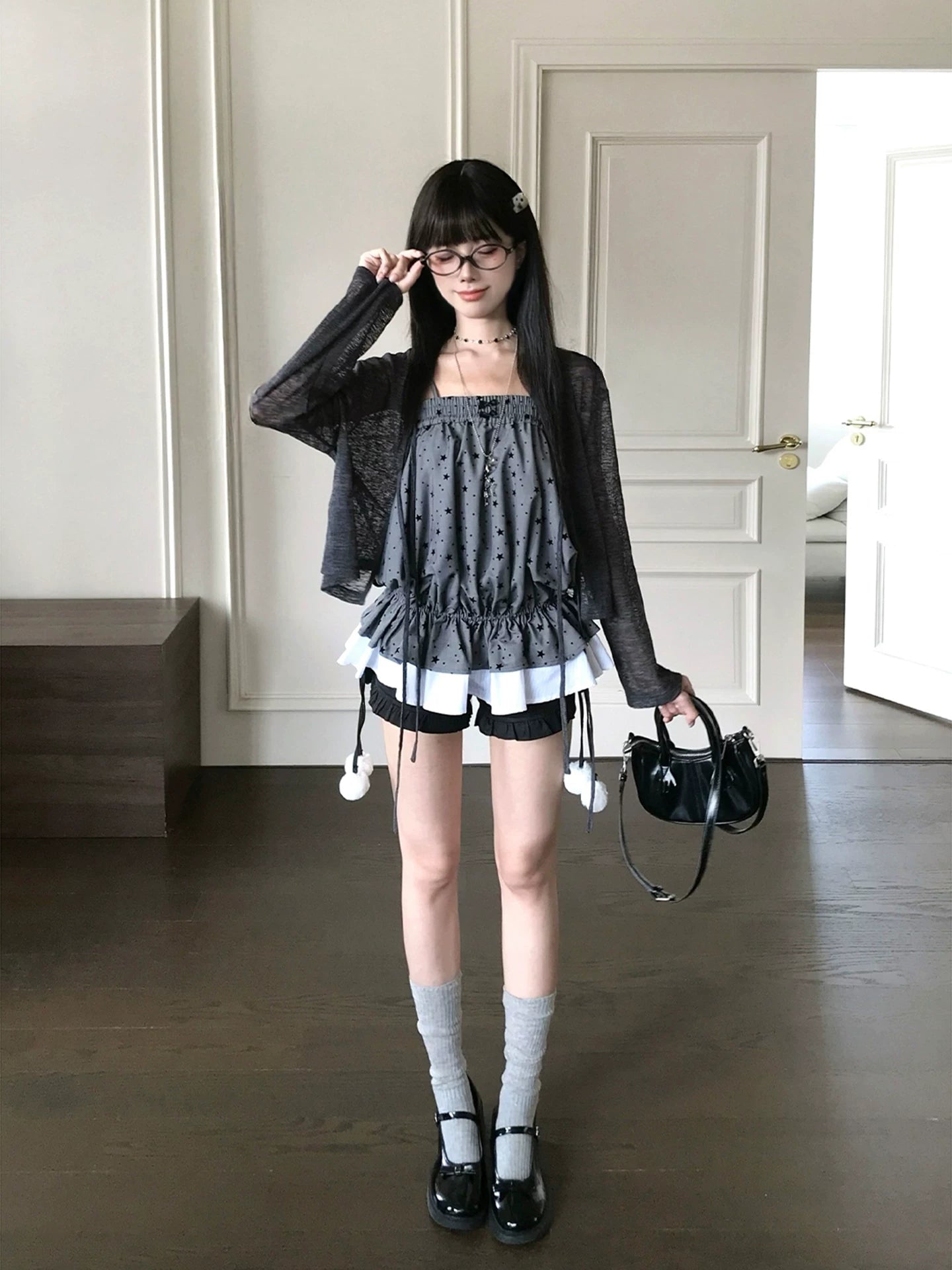 LaLa Sauce “Grey Mist Star” Star Camisole + Sun-Protection Cardigan Two-Piece Set with Drawstring Pom-Pom Sweet & Cool Girl Outfit