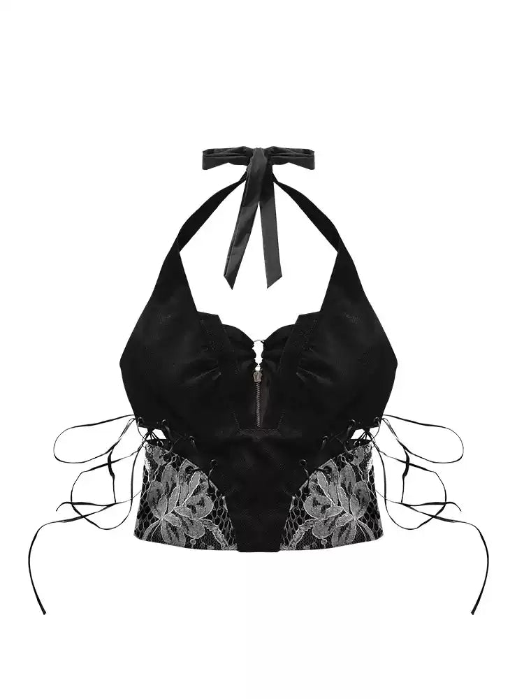 Grunge Lace Stitching Leather Tank Top