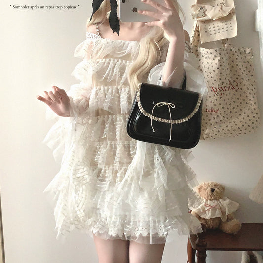 End-of-Season Layered Tulle Fairy Embroidery Lace Halter Dress with Square Rhinestone Detail and Cutout Sheer Effect