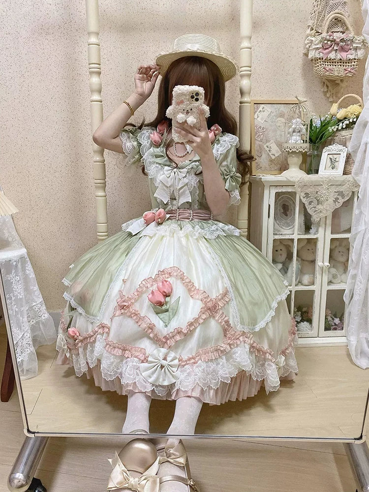 Green-Pink Floral Elegant Glamorous “Madam” Short-Sleeve Lolita Dress, Embroidered Heirloom Lolita Sweet Princess Outfit