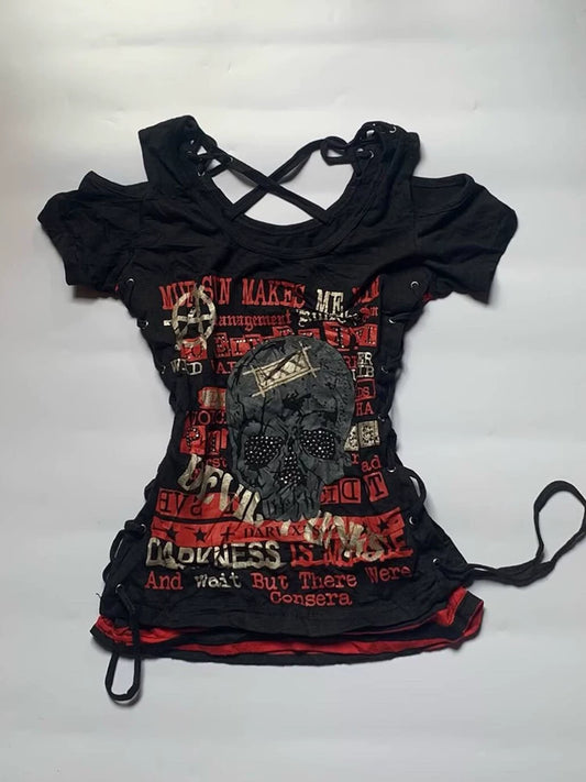 Black Punk Coquette Top | Vintage Graphic Off-Shoulder T-Shirt for Women