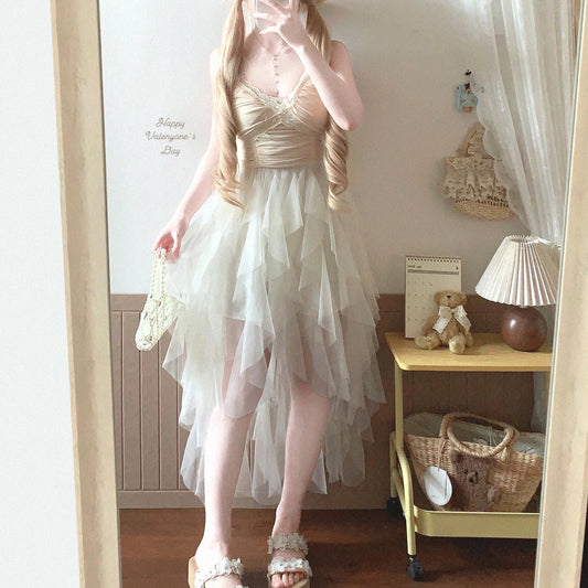 Final Stock Ethereal Irregular Color-Block Tulle Lace Lace-Trim Ruffled Slip Dress