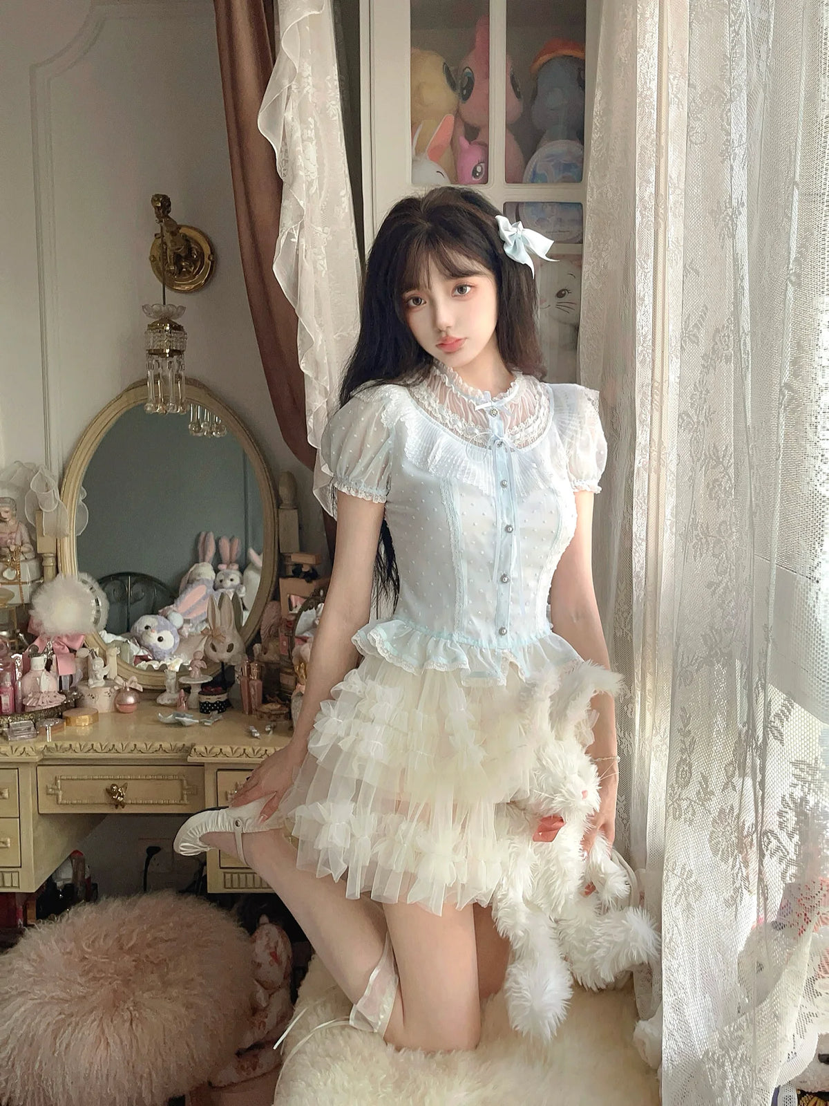 Antique-Style Doll—Dot Tulle Chiffon Top T2333