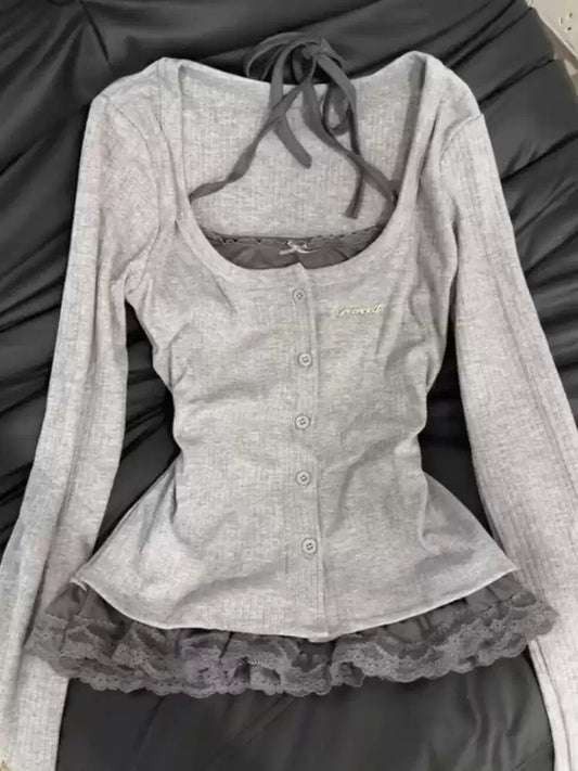 Korean gray fake two-piece lace long-sleeved Top
