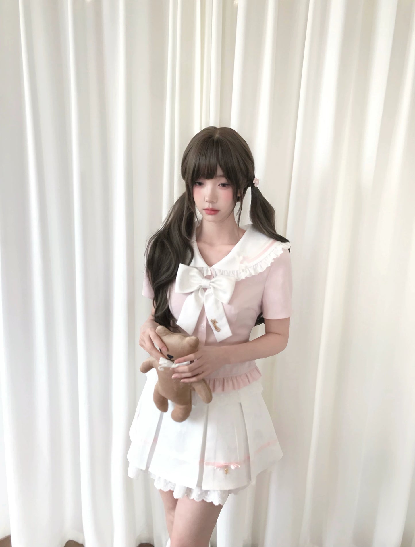 La La Sauce Sakura White Chocolate Japanese College Style Sweet Girl Short-Sleeve Shirt Fitted Top + Skirt Set