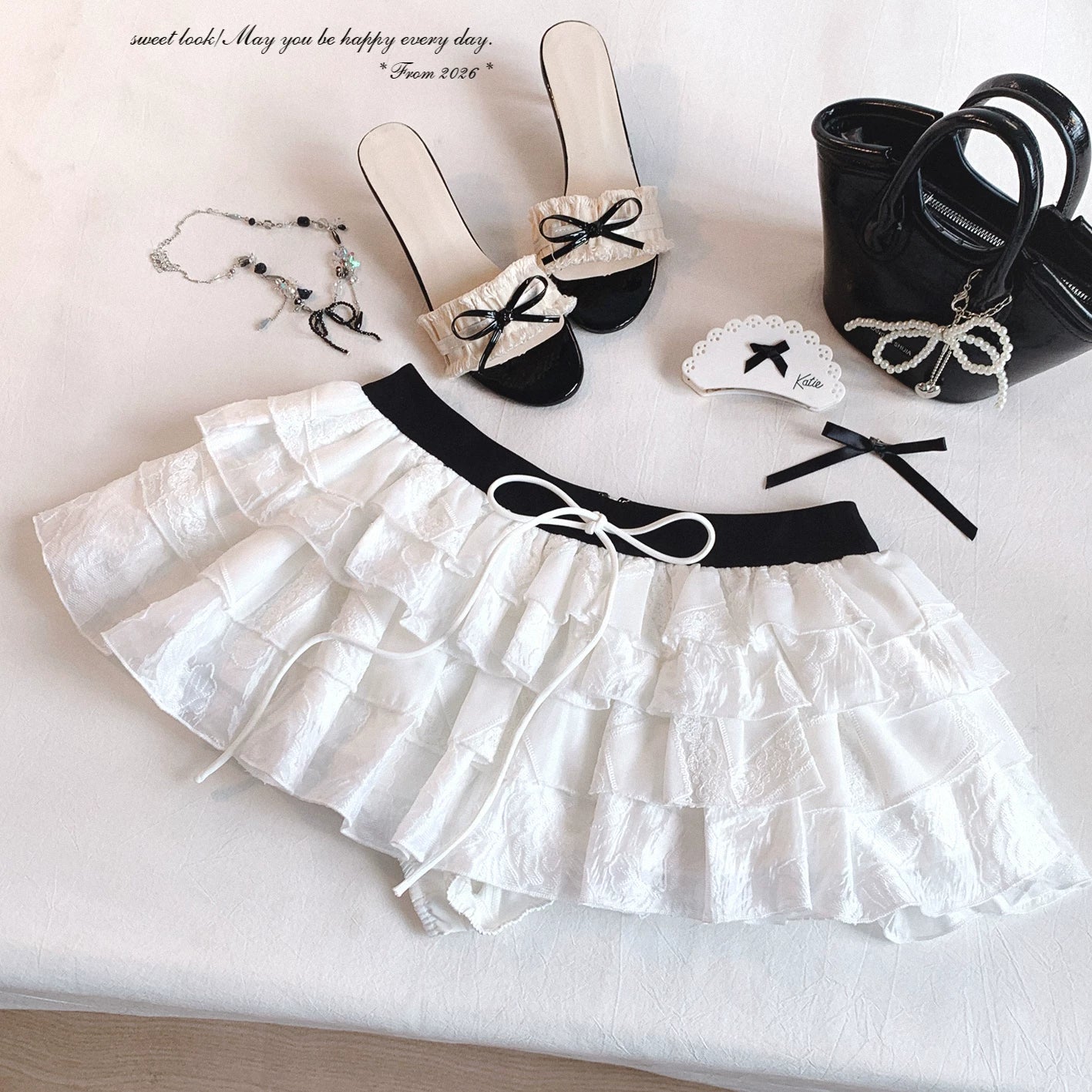 Last-Stock SK Contrast-Band High-Waist Hollow Lace Patchwork Layered Cake Midi Skirt