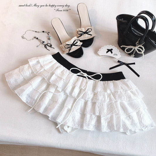 Last-Stock SK Contrast-Band High-Waist Hollow Lace Patchwork Layered Cake Midi Skirt