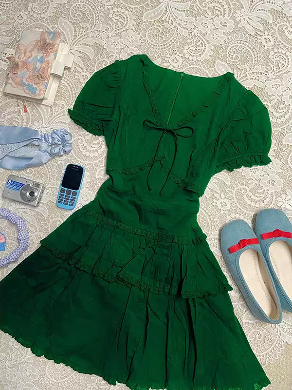 Green v-neck bow shirt dress