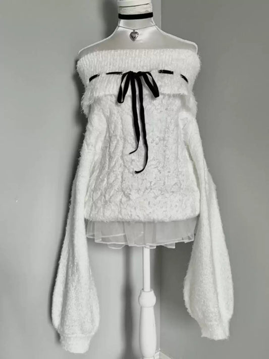 Off-shoulder White Lantern Sleeves Sweater