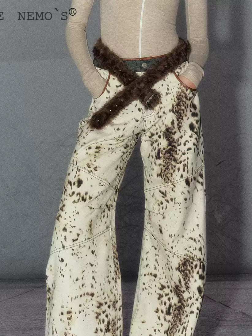 American Leopard Print Denim Wide Leg Pants