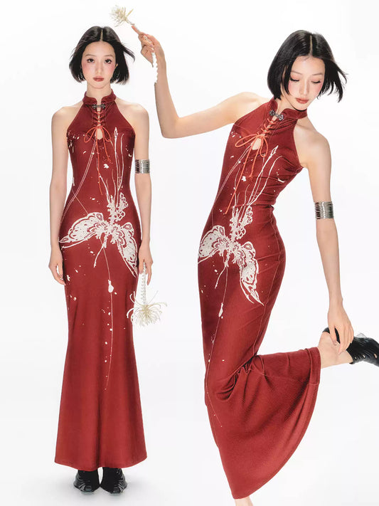 Butterfly & Snake Print Cheongsam Dress