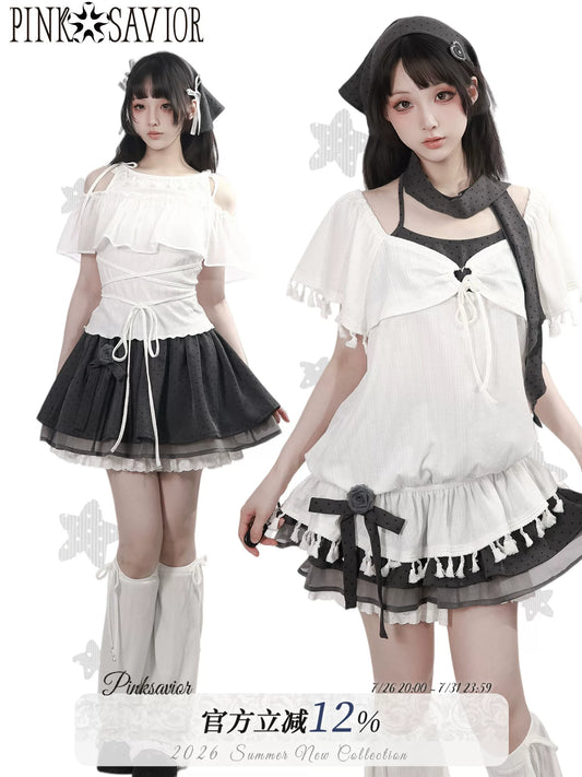 Pinksavior “Misty Star Abodes” Pink Rose Dot Tassel Knit Short-Sleeve Off-Shoulder Fitted Design Set