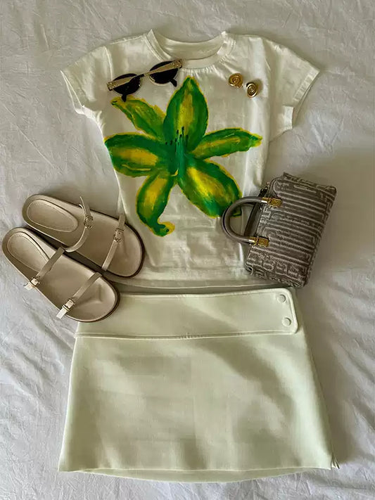 watercolor flower print round neck T-shirt