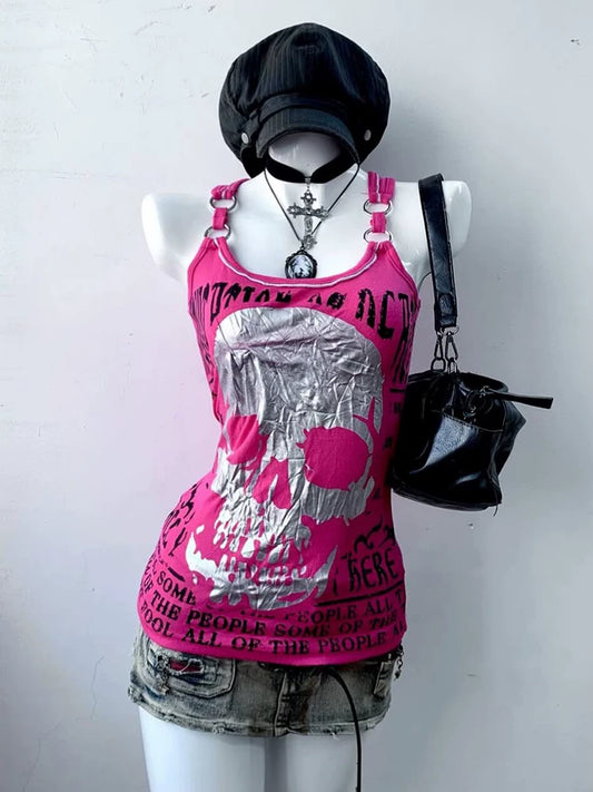 Rose Pink Vintage Print Off-the-Shoulder Slimming Design Boutique Personality Cami Top for Summer