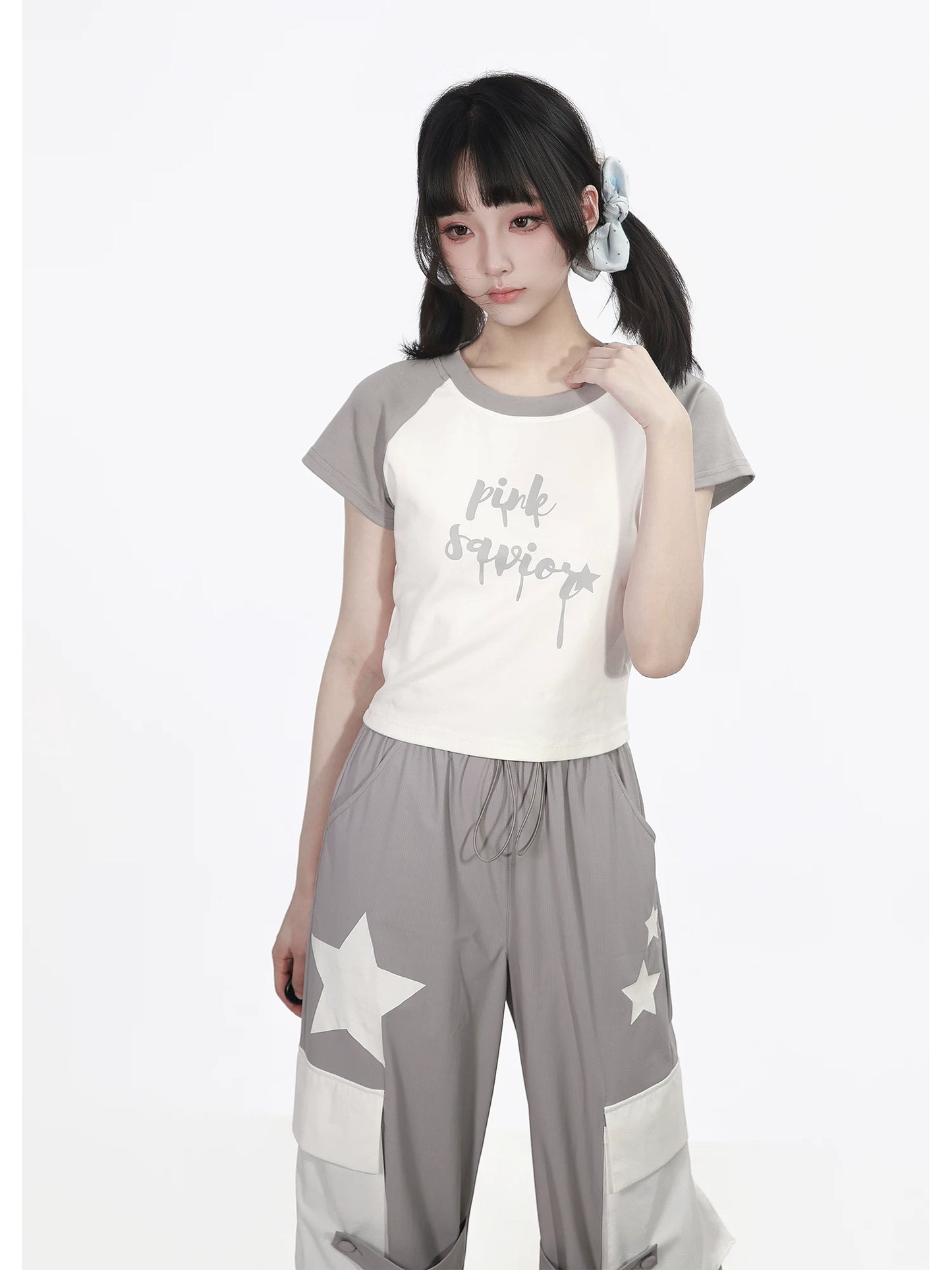 Pinksavior【Cool Glacier】White-and-Gray Contrast Summer Lightweight Jacket & Pants Set with Short Sleeves—Age-Reducing