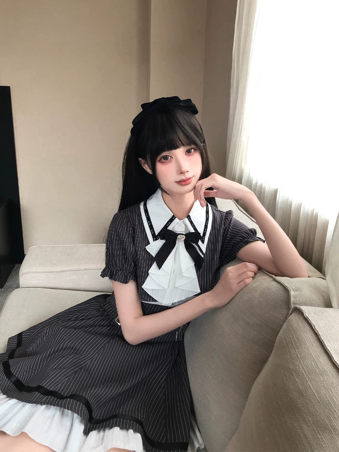 LaLa Sauce Striped “Top Student” Collegiate Sweet-Cool Striped Two-Piece-Look Dress Bubble Sleeves Waist-Defining Slimming Outfit