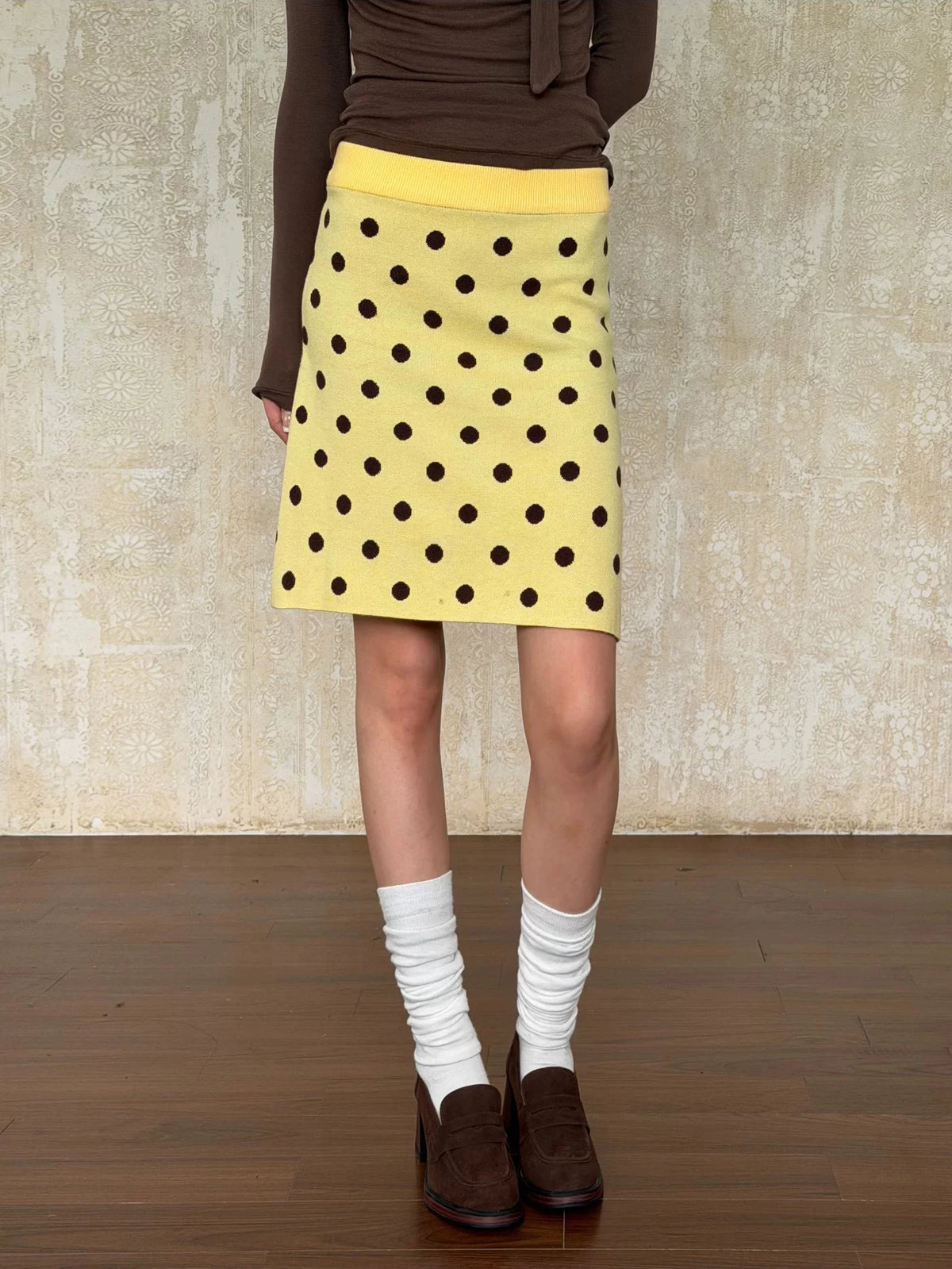 VintageTang French Vintage Polka Dot Knit Skirt, Autumn/Winter Slim-Fit Bodycon Straight Mini Skirt Hao Na 1