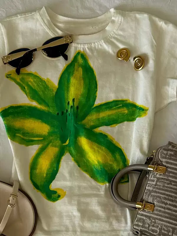 watercolor flower print round neck T-shirt
