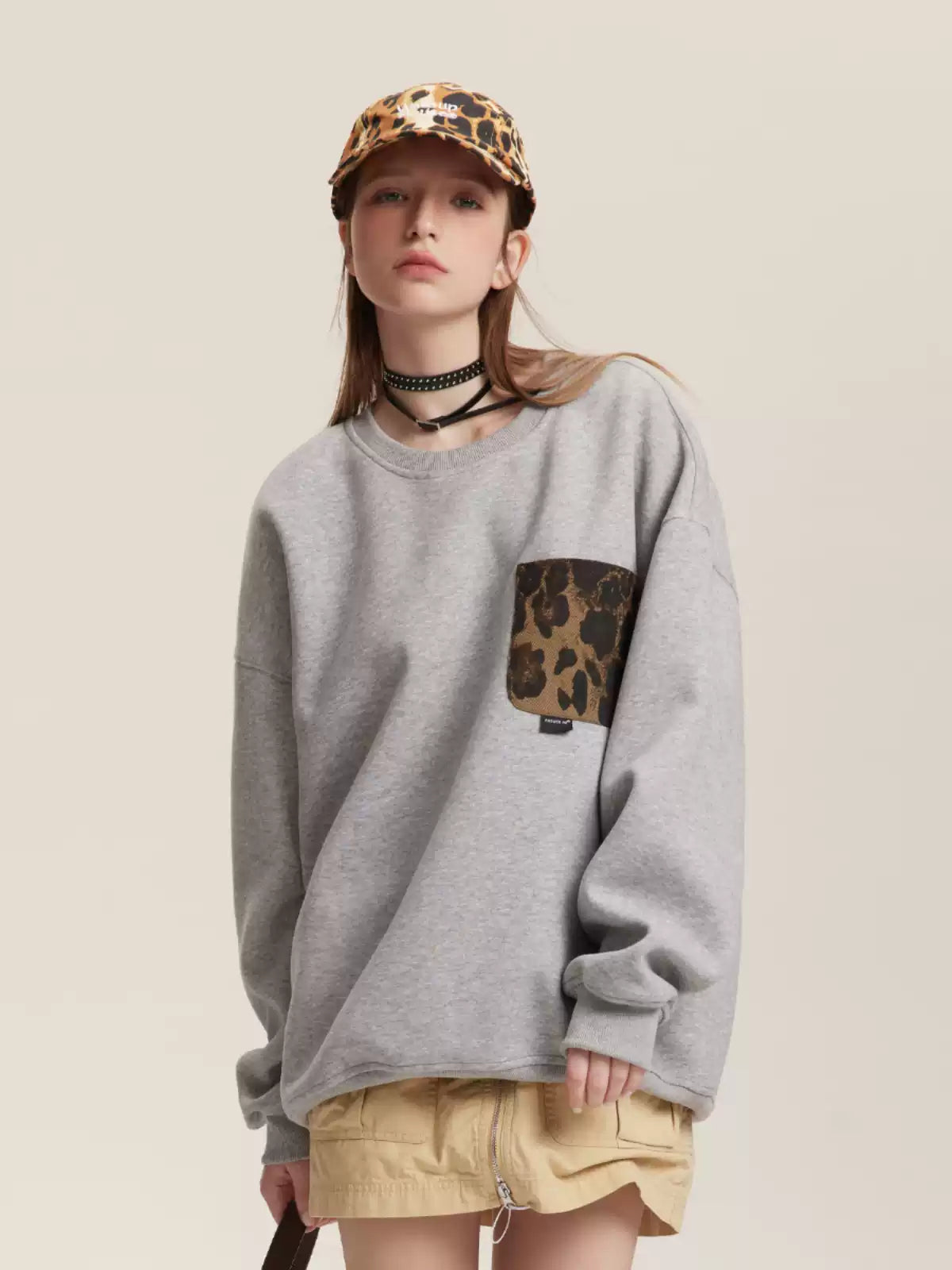 American retro all-match leopard print pocket sweatshirt