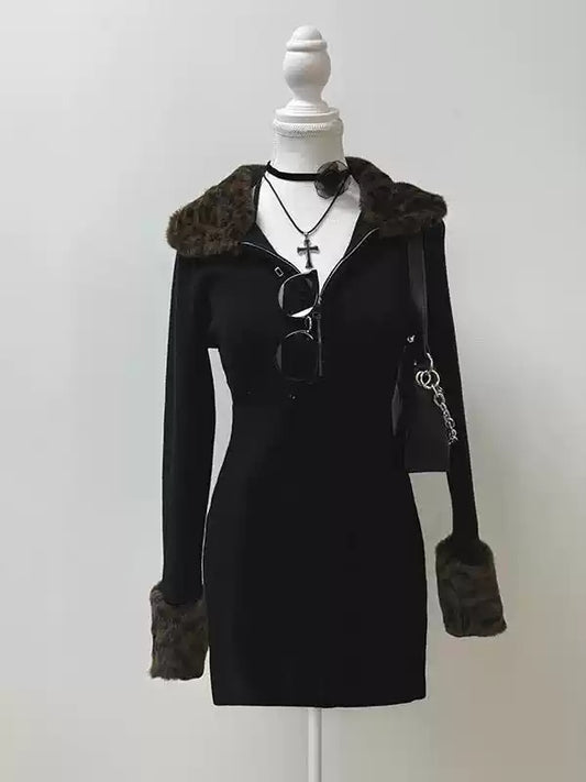 Black leopard print fur collar coat