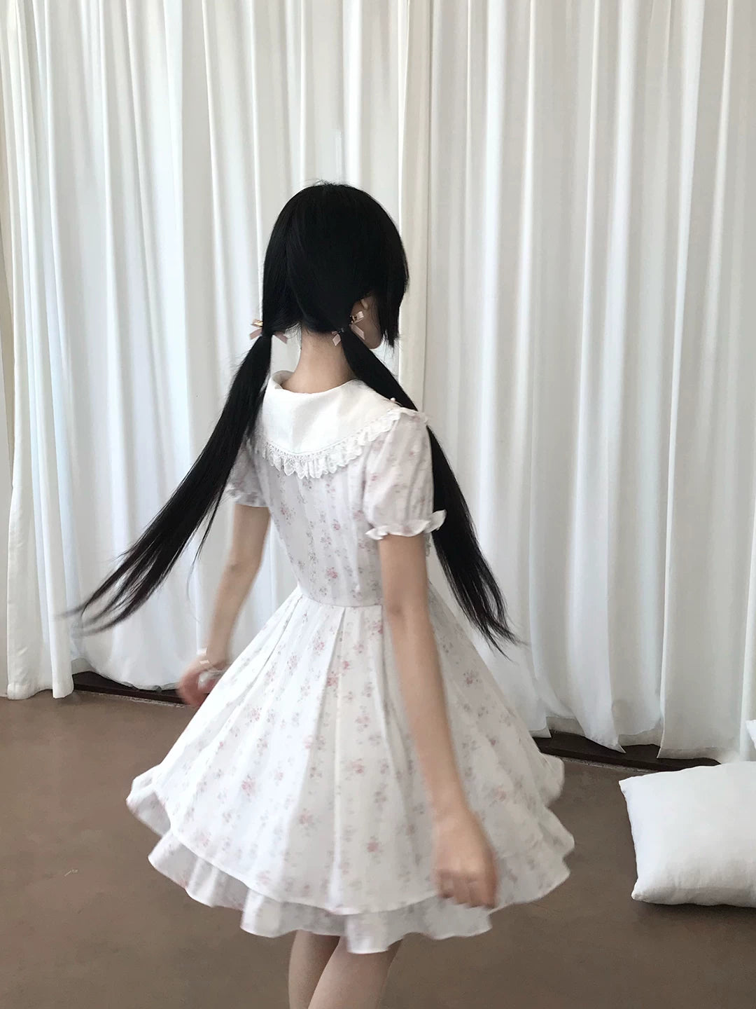 Lalalac Chacha “Hana no Akira” Floral Tea Party Dress | Navy Collar Lace Bow Waist-Slimming Sweetheart A-Line Dress for Women