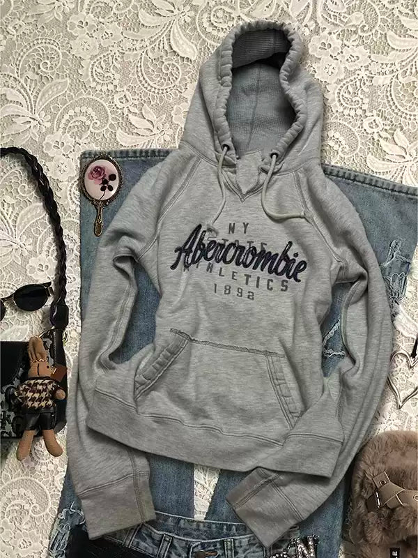 Gray lettered hooded sweatshirt
