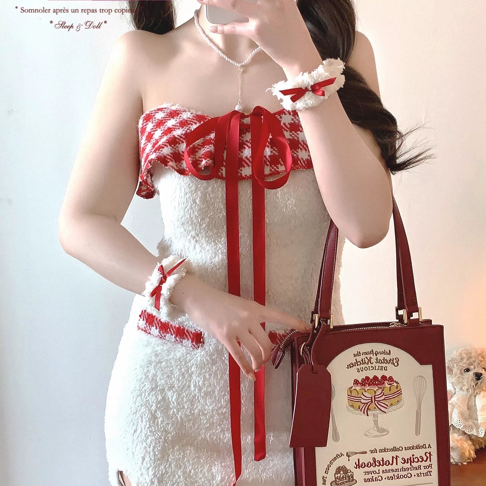 Final-Stock Red-and-White Checkered Tassel-Trim Ribbon Bow Fluffy Pure-Love Fuzzy Tube Dress