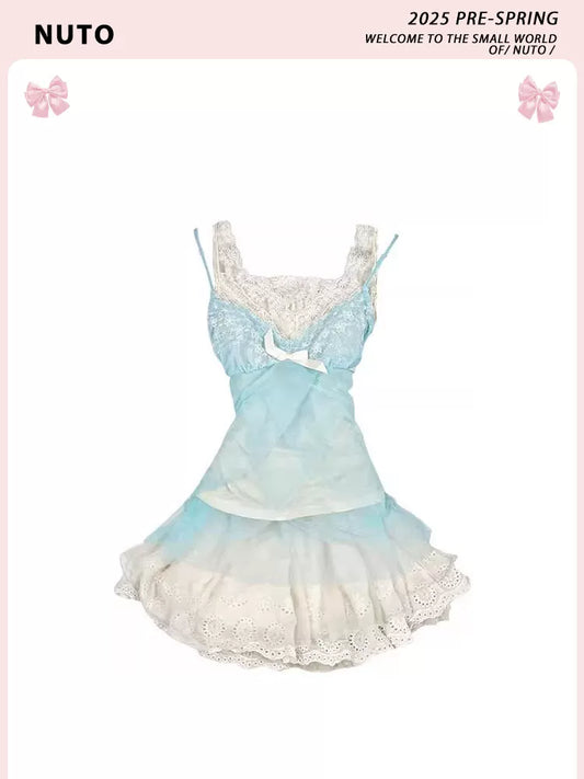 Mint Fresh Pure Lace Cutout Floral Lace-Trim Camisole Dress 2025 Spring New Retro Dress