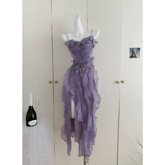 Meiyou Goddess Fairy Floral Dress for Women, Designer Ruffled Cami Dress, Summer Backless Waist-Slimming Wave Hem Lace-Trim Dress