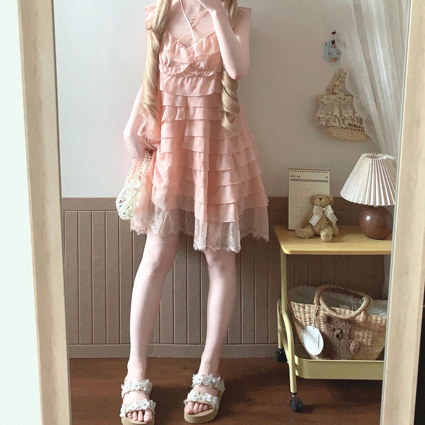 Final-stock Tiered Cake Lace Sweetheart Flounce Layered Sleeved Dress