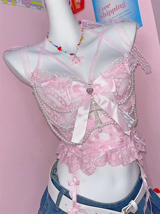 Y2K pink pearl sweet lace cross bow camisole