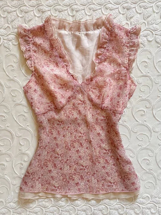 Pink Floral Sweet V-Neck Top for Summer, Flattering Waist-Defining Slim Fit, Pretty, Chic, Elegant, Boutique Style