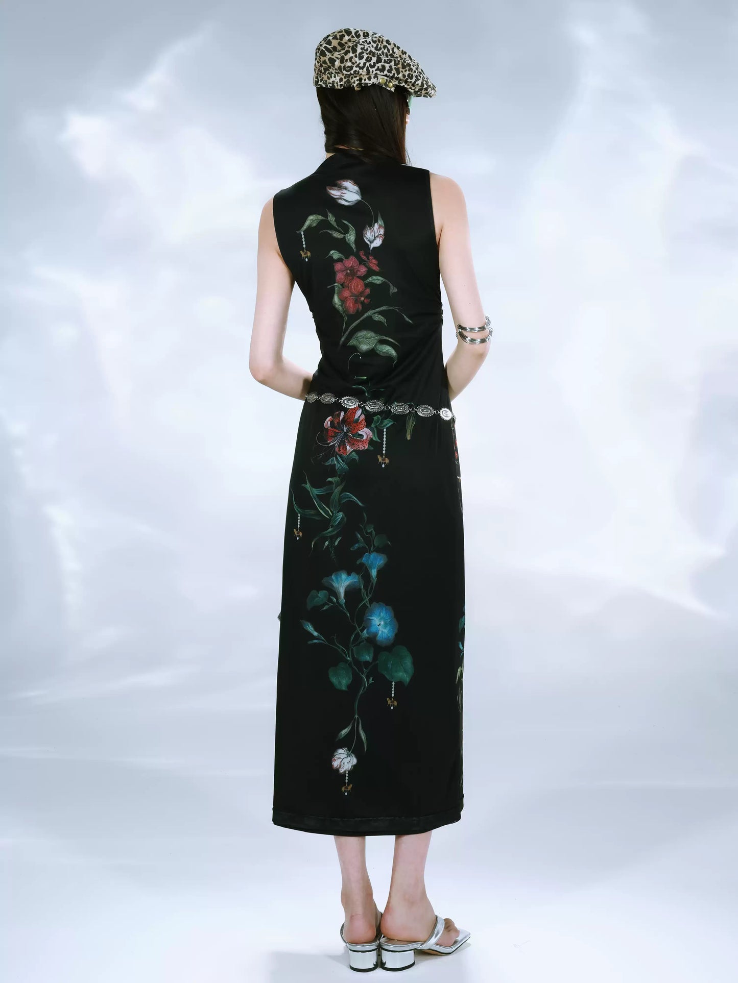 New Chinese Botanical Print Mesh Dress