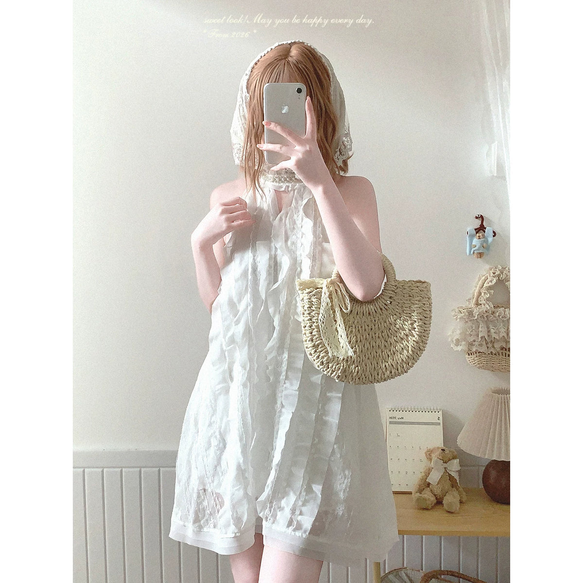 Final-batch yxt* Pearl Lace Stand Collar Contrast Peter Pan Collar Sweet “First Love” Sleeveless Dress