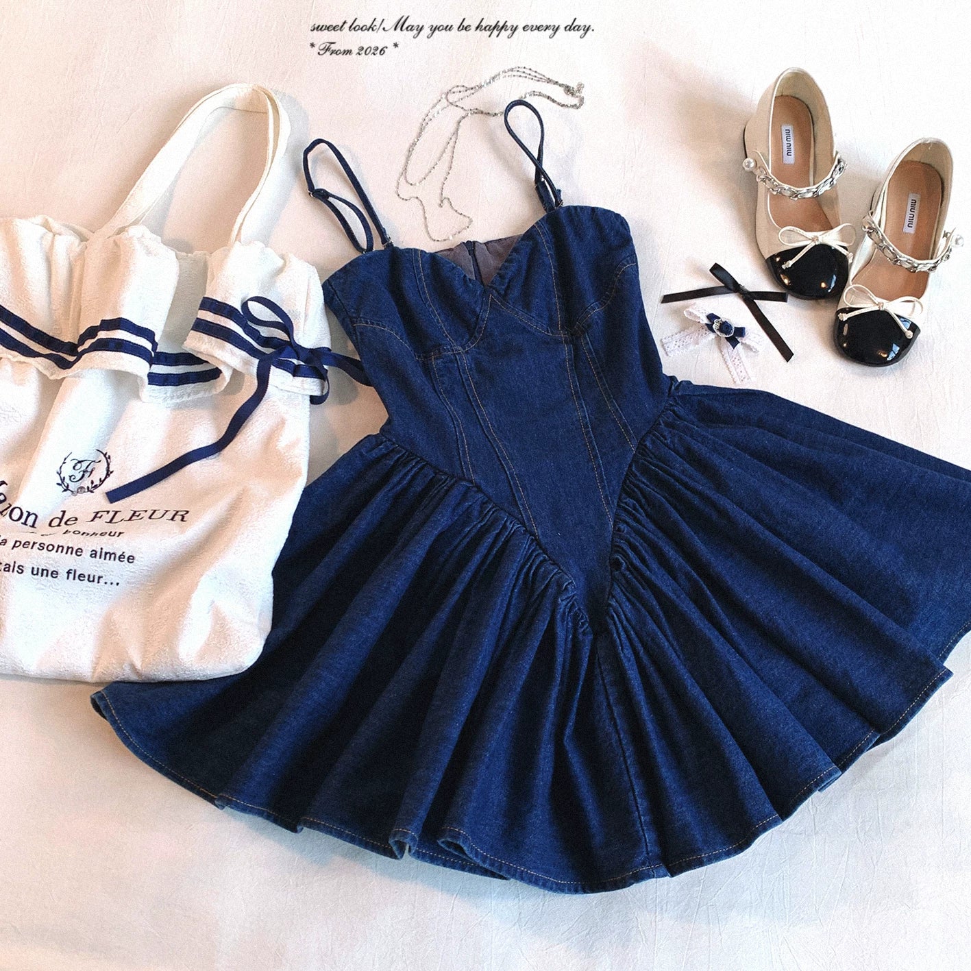 Last-Chance yxt* American Hot Girl Sweet-and-Spicy Denim Fitted Waist Flared Sundress Dress