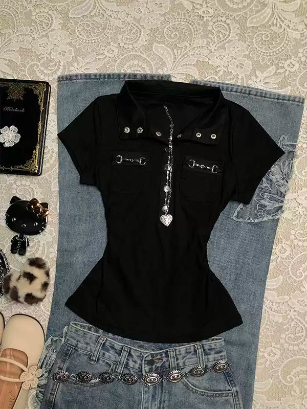 Black Polo collar short-sleeved T-shirt