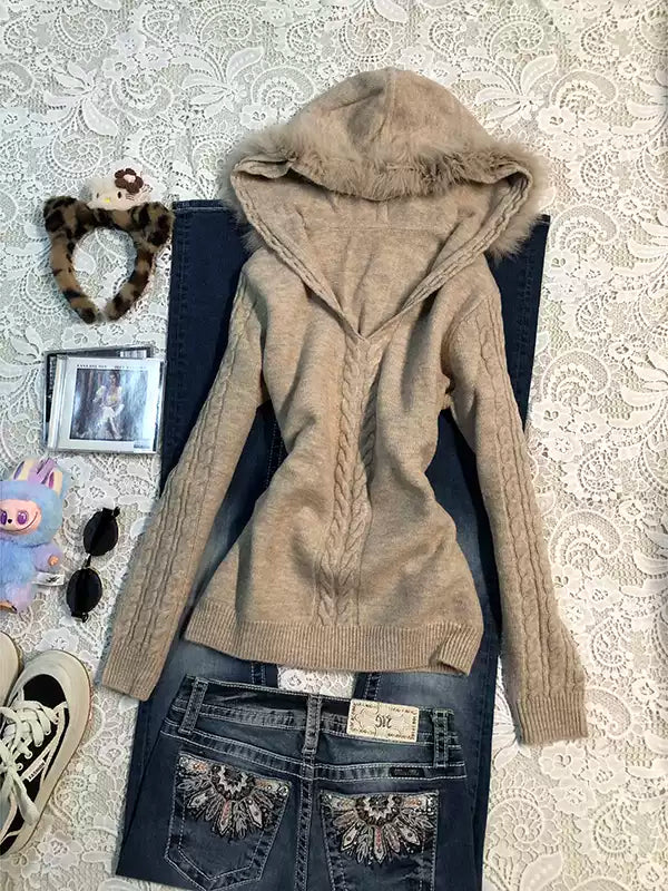 khaki hooded twist sweater