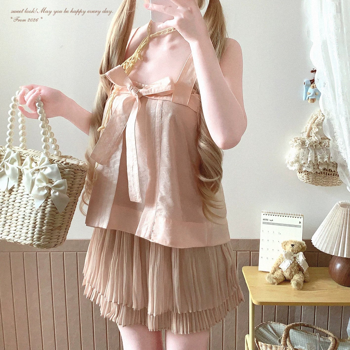 Last-piece **myyj** Cotton Elegant Chinese-Style Jacquard with Subtle Pattern, Relaxed Tie-Strap Butterfly Bow Slip Dress*