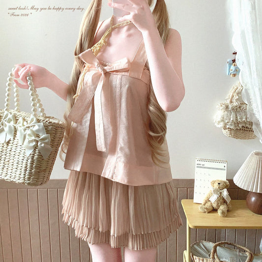 Coquette Jacquard Bow Slip Dress | Cotton Tie-Strap Vintage Inspired Feminine Dress