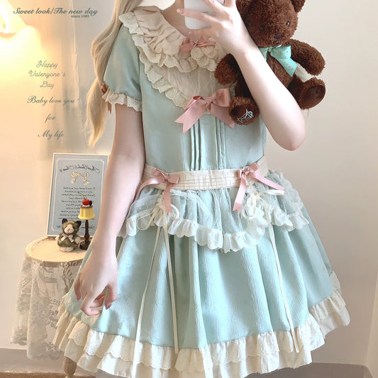 “Sleepingdoll” Handmade Cheese Butterfly Bow Low-Waist Jacquard Point D’Art Tulle Apron Dress