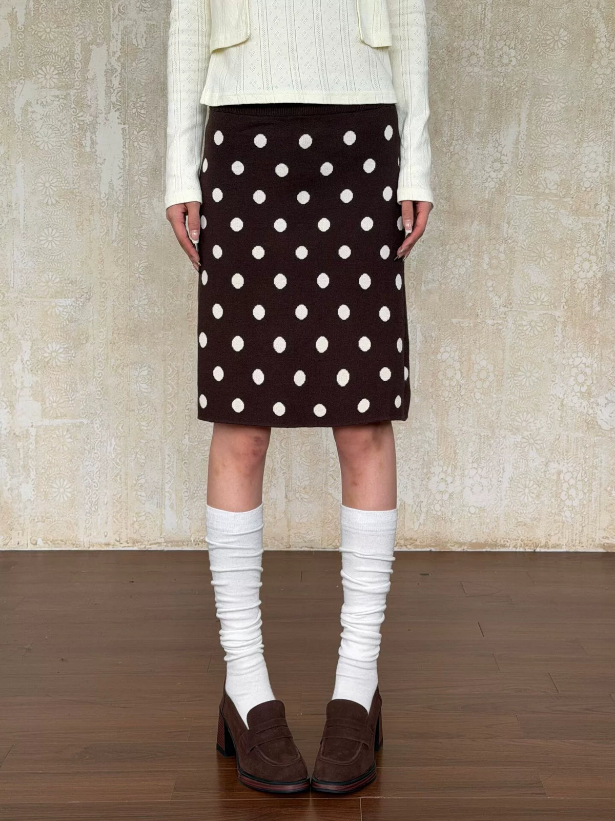 VintageTang French Vintage Polka Dot Knit Skirt, Autumn/Winter Slim-Fit Bodycon Straight Mini Skirt Hao Na 1 - 均码