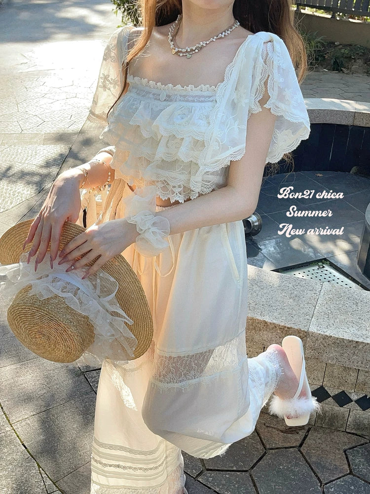 Sicily Holiday French Puff-Sleeve Camisole Embroidered Chiffon Top T2408